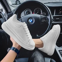 White Leather Unisex Platform Casual Sneakers - Breathable Outdoor Walking & Running Shoes - 38 (WHITE)