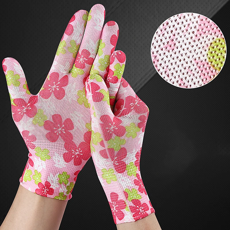 2PCS Breathable Women Garden Gloves Printed Pink Nylon Work Non-Slip Household Labor Protection Gloves For Mechanic Construction
