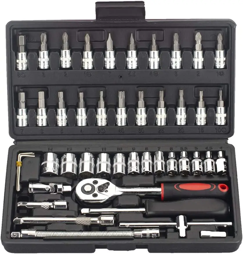 

46 Pieces 1/4 inch Drive Socket Ratchet Wrench Set,with Bit Socket Set Metric and Extension Bar for Auto Repairing and Household
