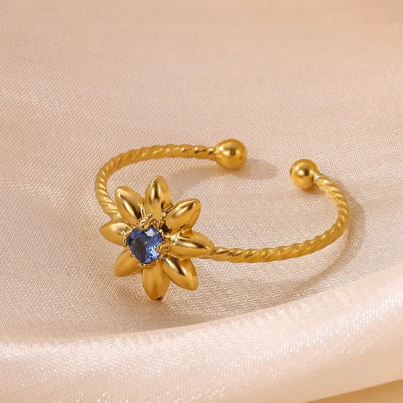 Stainless Steel Adjustable Flower Ring with Blue Stone Gold Color