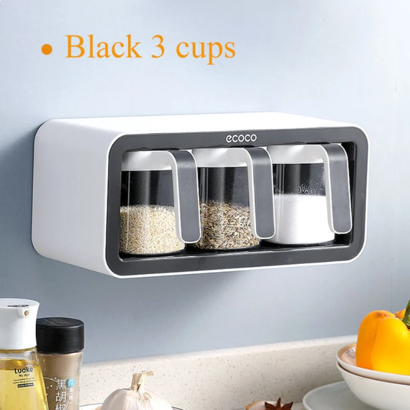 Self Adhesive Wall Mounted Spices Container Set Spice Jar Organizer Salt  Sugar Container Set-with Spoon,Rubber Sealed & Moisture-Proof Seasoning Box  