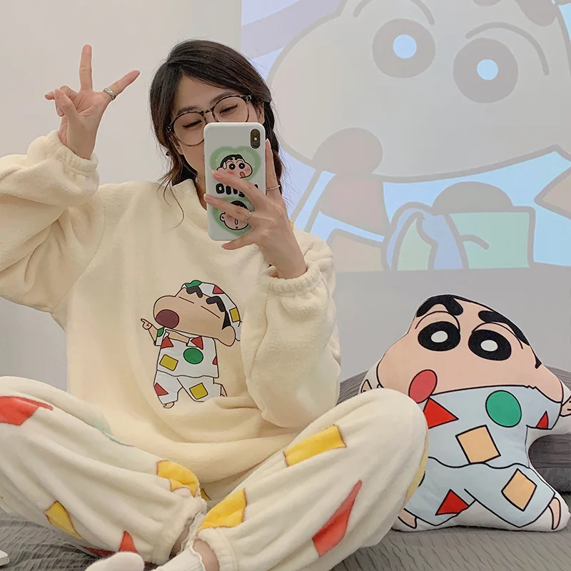 

Cute Cartoon Crayon Shin-Chan Coral Velvet Pajamas Hello Kitty Pachacco Winter Thickening Leisure Comfort Plush Sleepwear Gift
