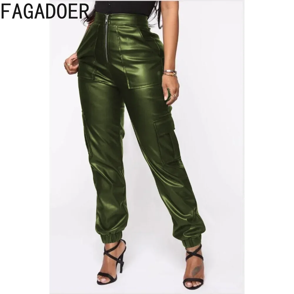 

FAGADOER Fashion Solid Color PU Leather Cargo Pants Women High Waisted Zipper Pocket Trousers Casual Female Streetwear Bottoms