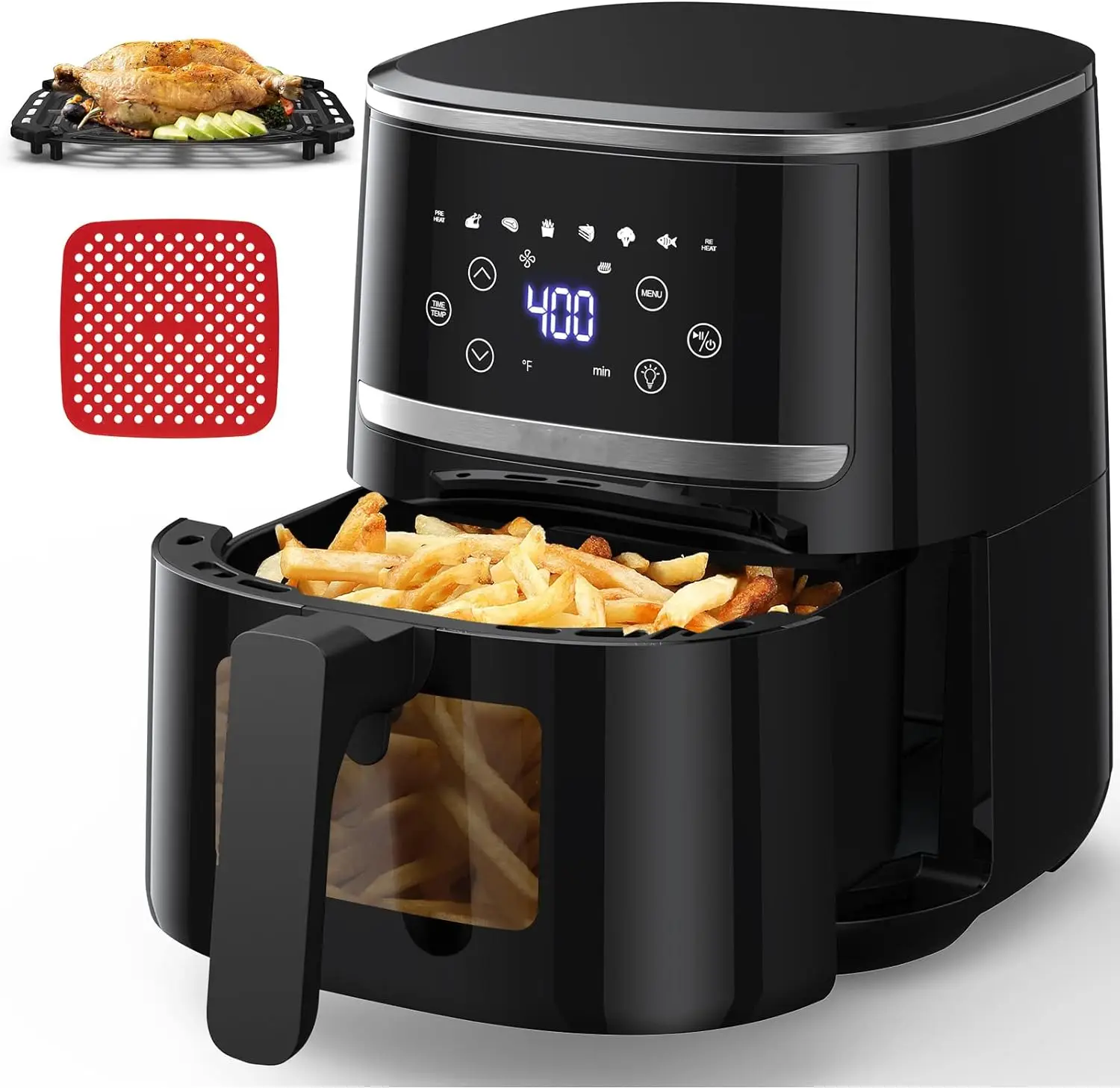 

Fryer Oven 5 Qt Large Oil Free Touch Screen 1500W Mini Oven Combo with 7 Accessories, One-Touch Digital Controls, Nonstick Silic