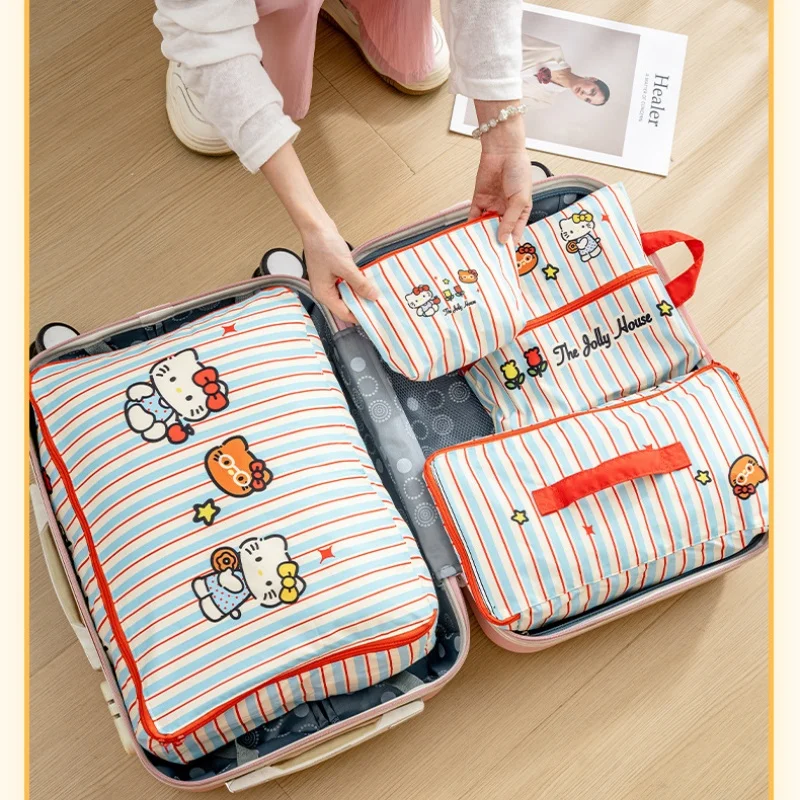 Hello Kitty Gestreifte Reise-Aufbewahrungstaschen Wasserdichte Koffer-Organizer-Tasche für Kleidung, Unterwäsche, Schuhe, Organisation, Geschenk