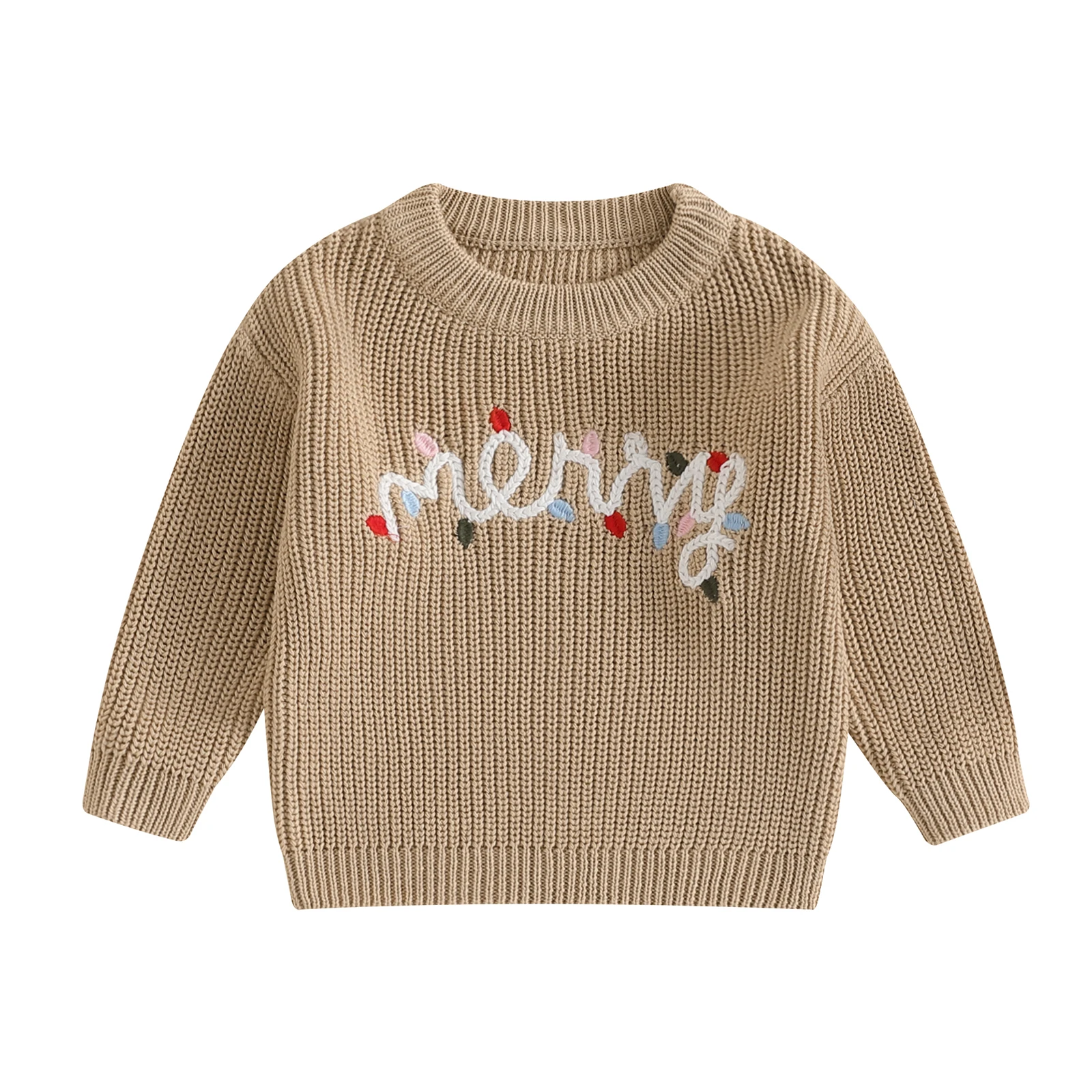 0-3Years Baby Boy Girl Christmas Sweaters Letter Light String Embroidery Long Sleeve Round Neck Chunky Pullover Warm Knitwears