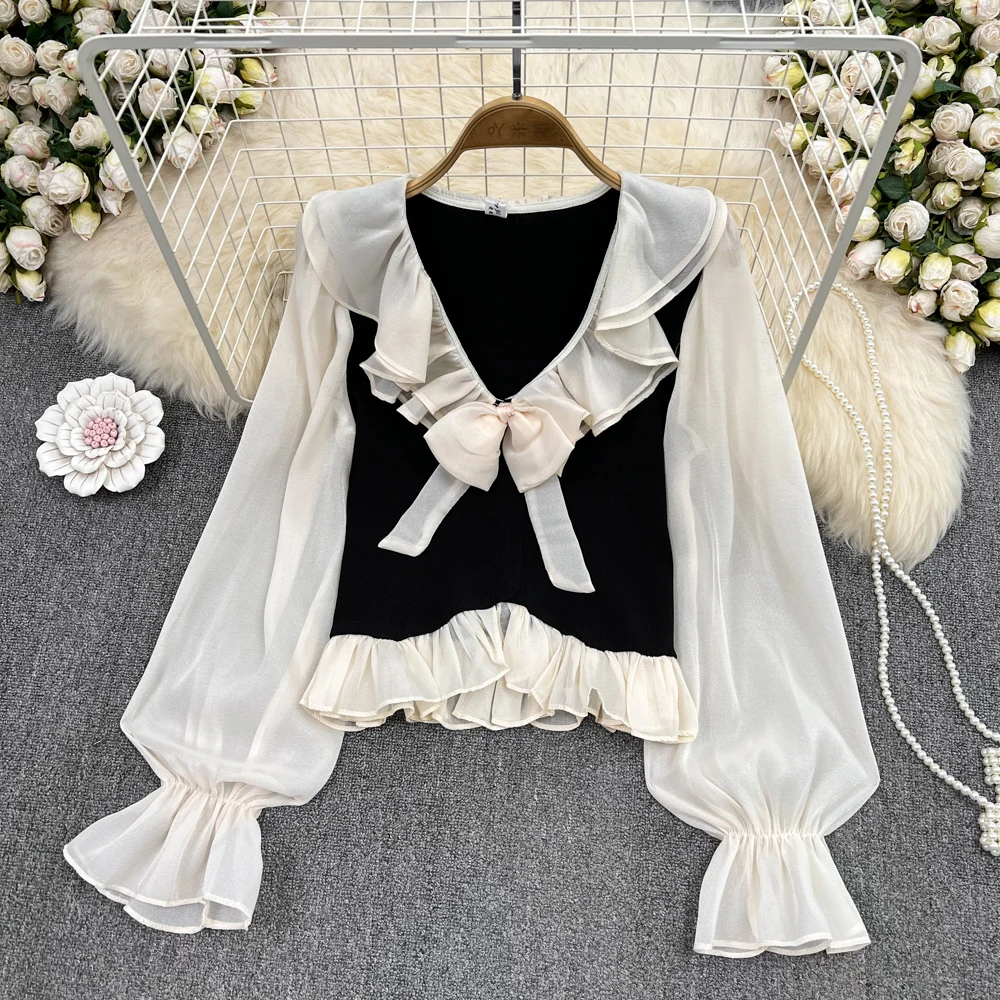 

V-neck Bow Ruffled Shirt Loose Slim Shirt Contrast Color Flared Sleeve Top