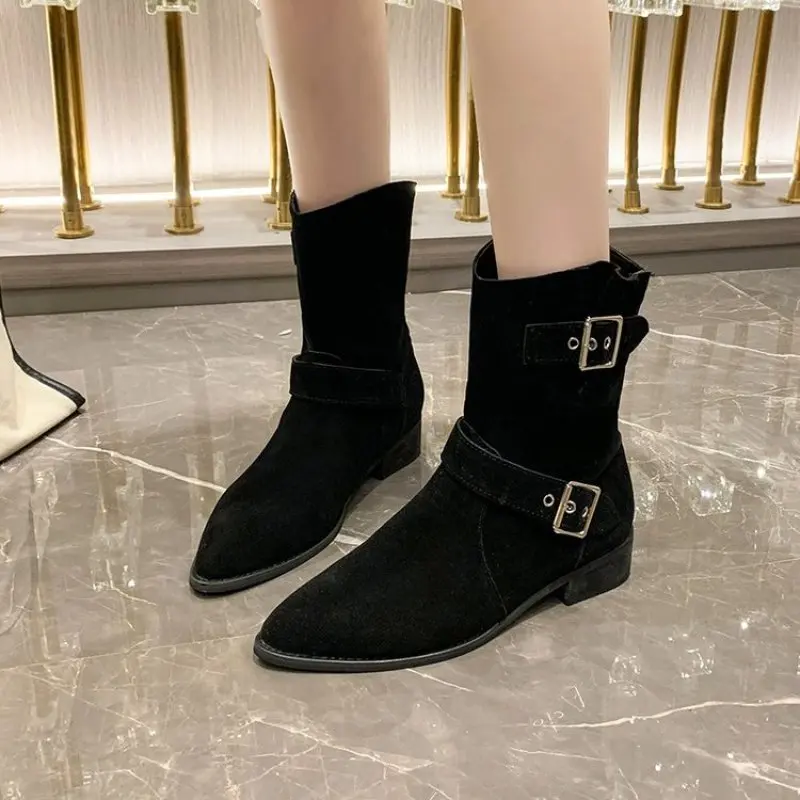 NEW Shoes Female 2024 High Quality Slip-on Square Heel Boots Autumn Fashion Women's Boots Pointed Women's Single Shoes Fashion