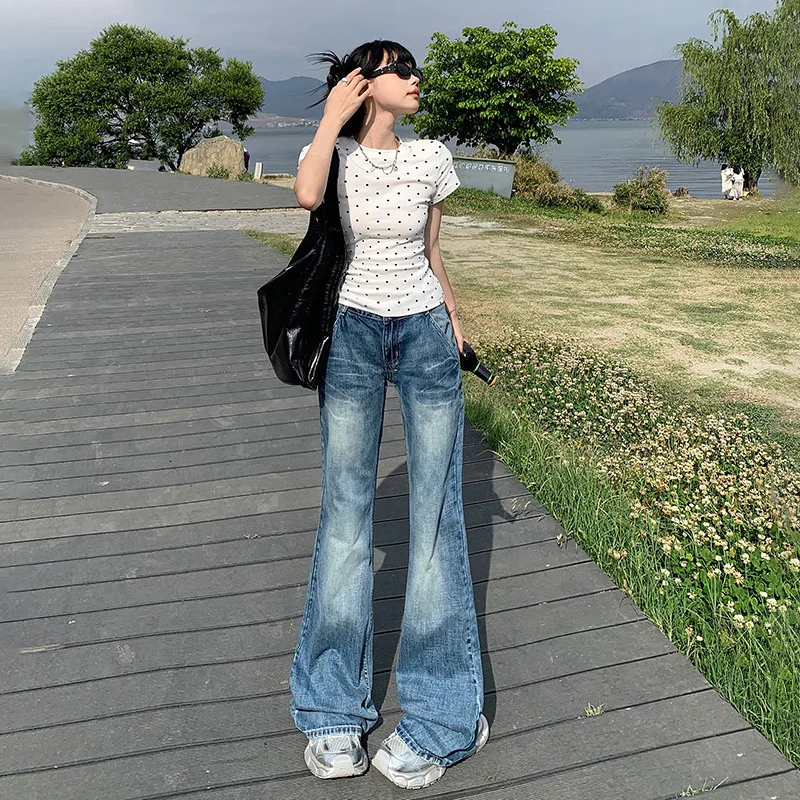 Denim Planet Micro Jeans For Women's Summer 2024 New Low Waisted Slim Fit Drape Spicy Girl Flared Floor Mops Style