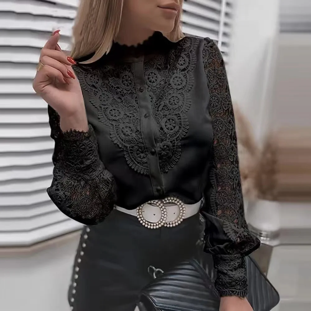 Elegant Women\'s Casual White Lace Shirt Blouses Office Summer Ruffles Long Sleeve Shirts For Women Hollow Out Simple Top Female