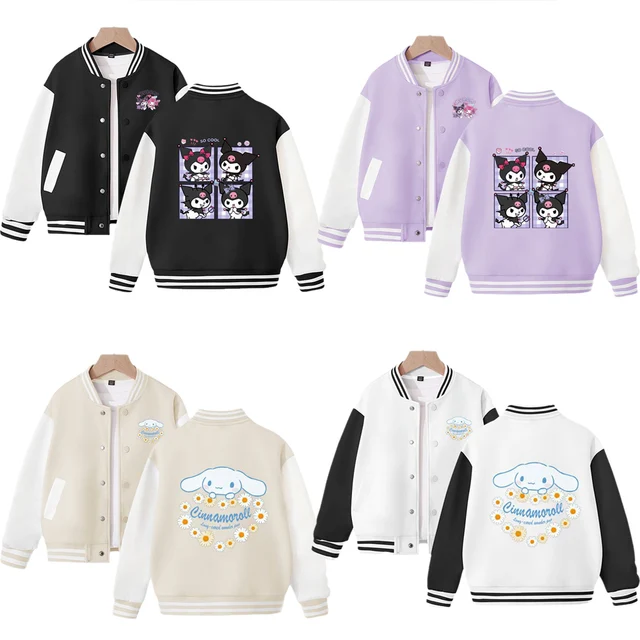 Sanrios-마이 멜로디 쿠로미 시나모롤 여아 코트, 한국 버전, 어린이용 루즈한 스포츠, Mlb 야구 재킷, 봄/가을 2023 년 신상품