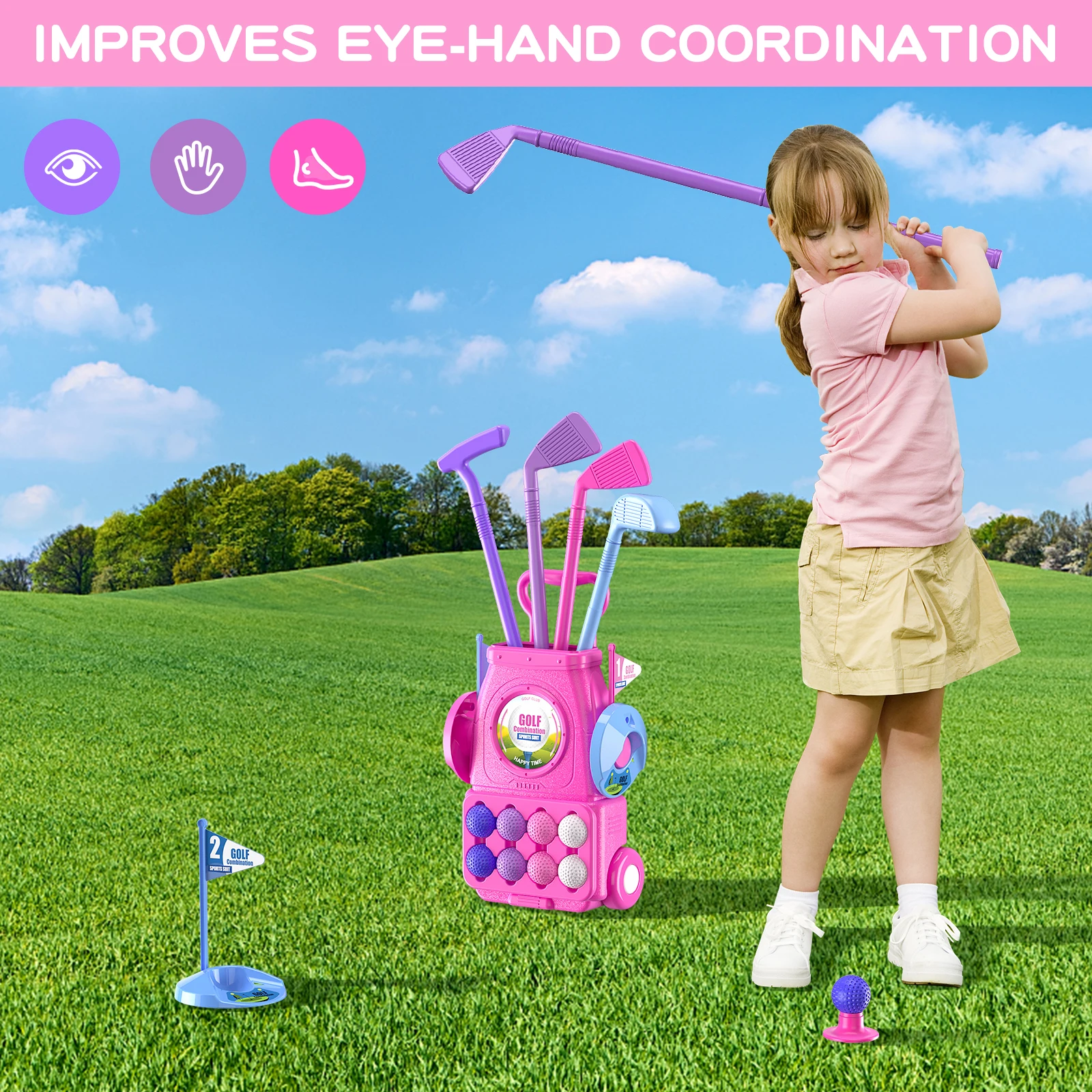 Toddler Golf Set Kids Golf Clubs with 8 Balls 4 Golf Sticks, 2 Practice Holes and a Putting Mat Toys for 3-6+Years Old Girls 4