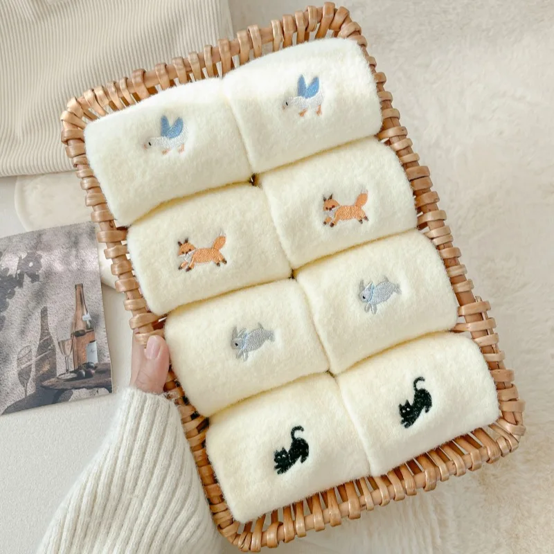 

Winter Velvet Cartoon Cats Rabbits Foxes Embroidered Patterns Furry Beige Color Socks for Women Girl Warm Mid Length Cute Socks