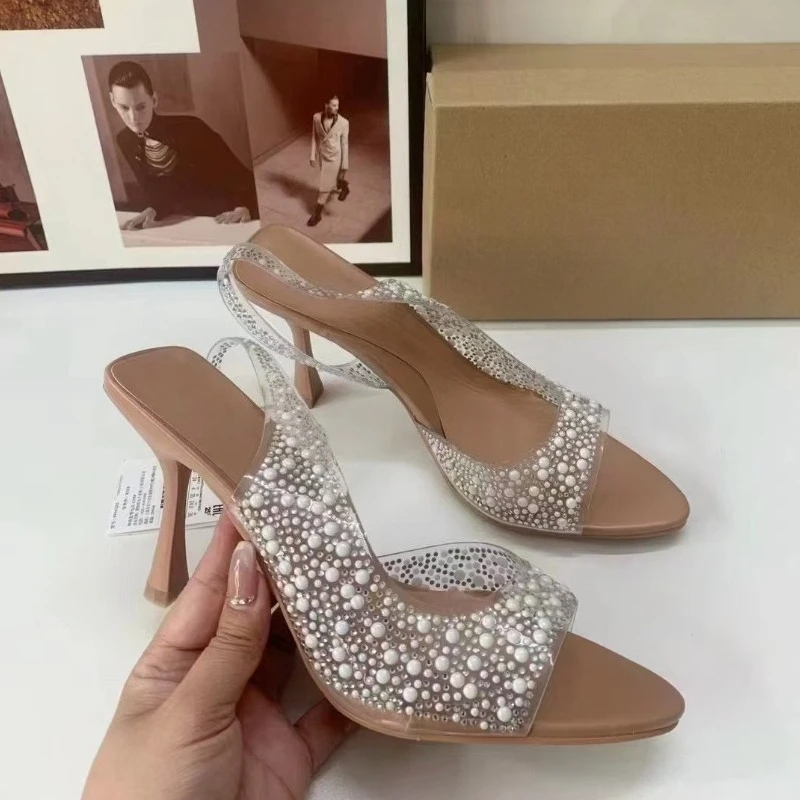 Clear PVC Women's Summer Sandals Fashion High Heeled Shoes for Lady Open Toe Shiny Rhinestone Elegant Slingback Stilettos