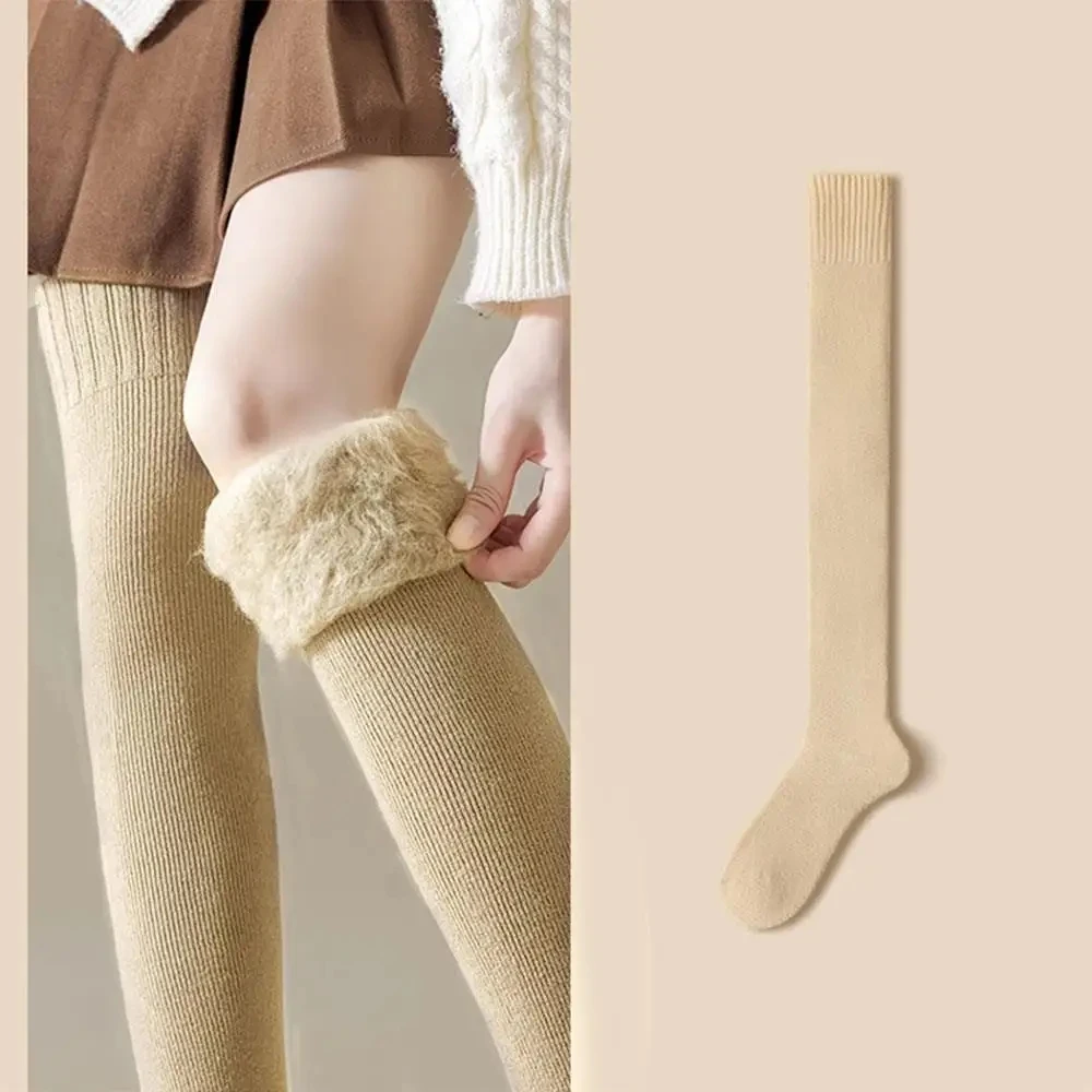 Verdickte warme Oberschenkelhohe Socken Einfarbige Beinwärmer Stiefelmanschette Lange Socken Neue Winterfrauen mit Fleece gefütterte Overknee-Socken – Detail 13