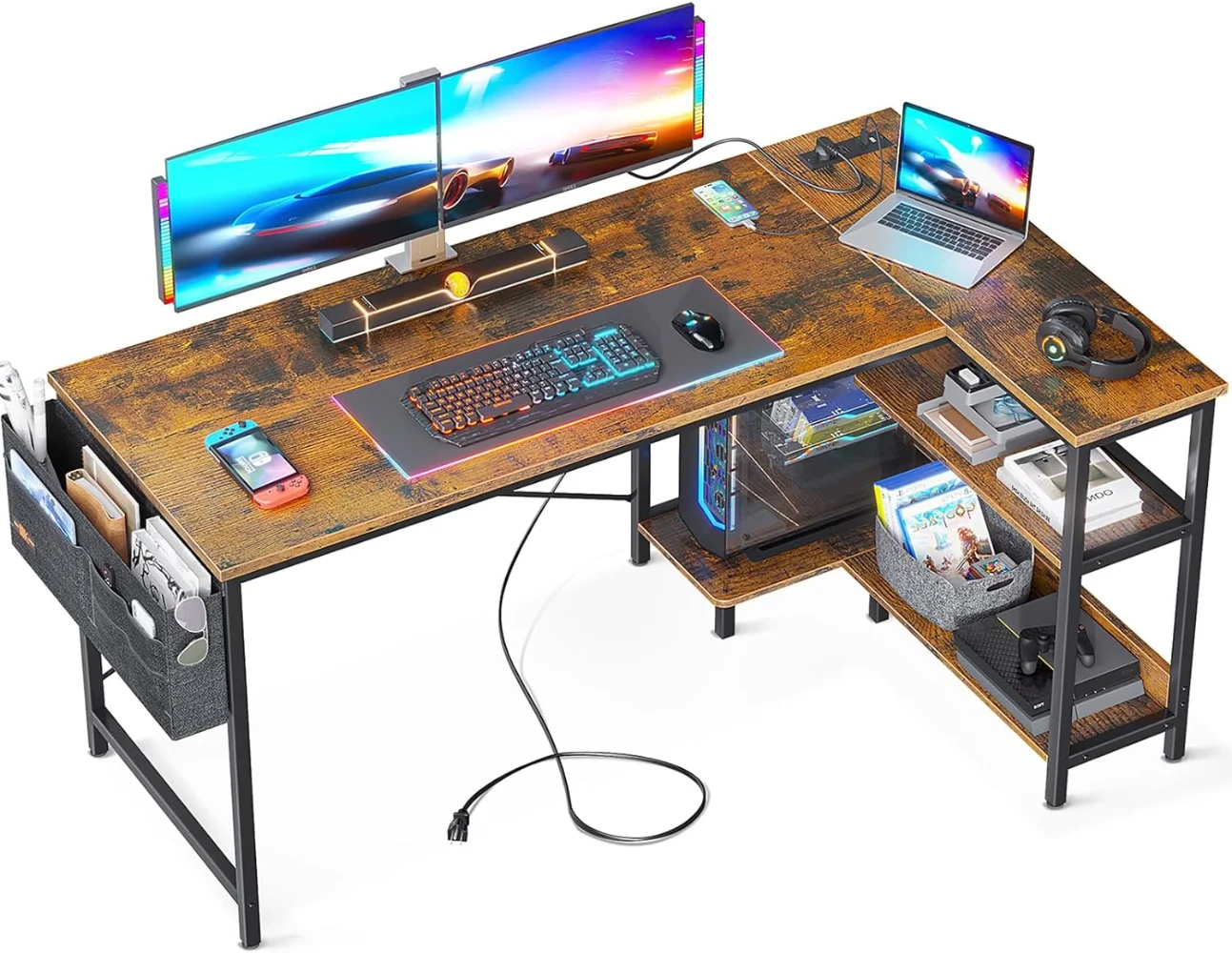 ODK 55 Inch Small L Shaped Gaming Computer Desk with Power Outlets, Reversible Storage Shelves