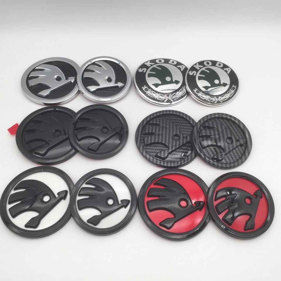 2pcs 90mm 80mm for SKODA Car Front Grille Head Hood Bonnet Emblem Rear Tail Bumper Trunk Sticker Badge Styling Accessories