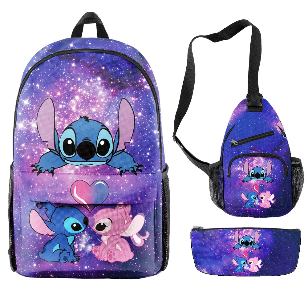 

3PC-SET MINISO Disney 3D Printed New Backpack, Computer Bag, Stitch School Bag, Crossbody Bag, Pen Bag Zipper Shoulders