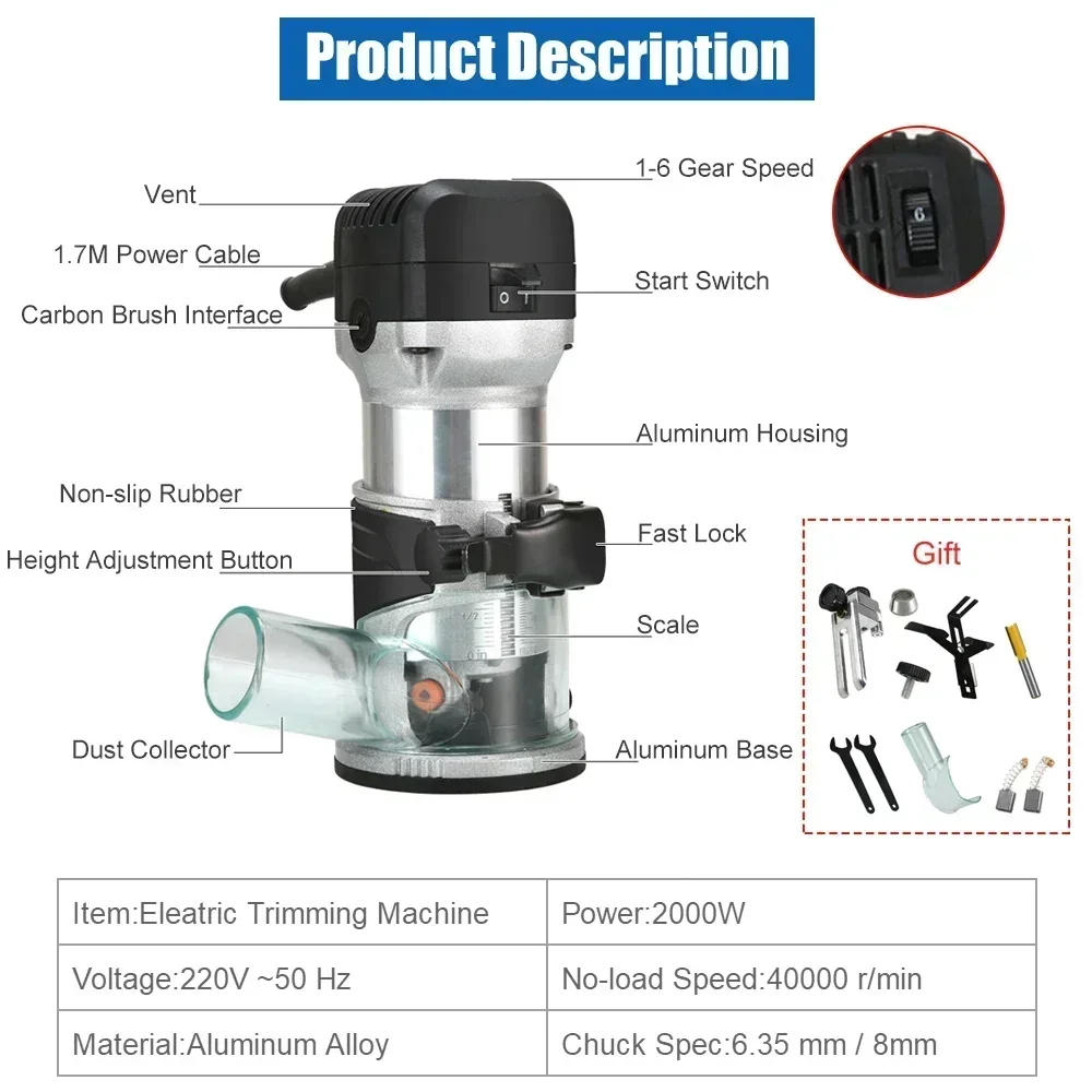 Wood Router Machine 6 Speeds 2000W for 6.35/8mm Wood Milling Cutter 220V EU Plug Diy Carpenter Tools
