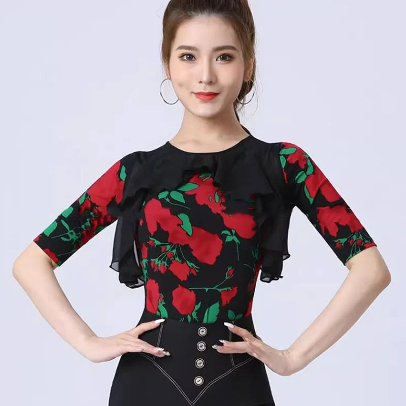 

2023 New Ladies Ballroom Dance Leotard Clothes Fashion Ruffled National Standard Modern Waltz Latin Dance Tops