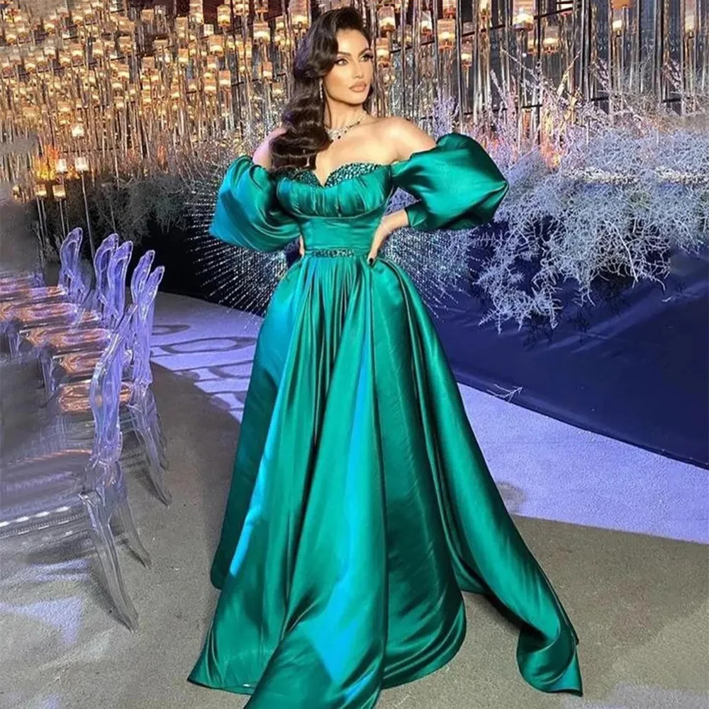 

Musetta Green Arabic Evening Dress Sweetheart Off The Shoulder Backless A Line Lace Beads Pleats Women Formal Occasion Dresses