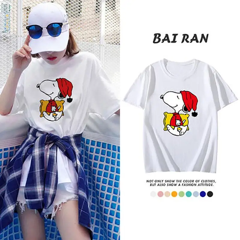 

Пижама Kawaii Snoopy с мультяшным принтом, свободная хлопковая Футболка большого размера с коротким рукавом, топ для студентов, универсальные Топы с коротким рукавом, подарок