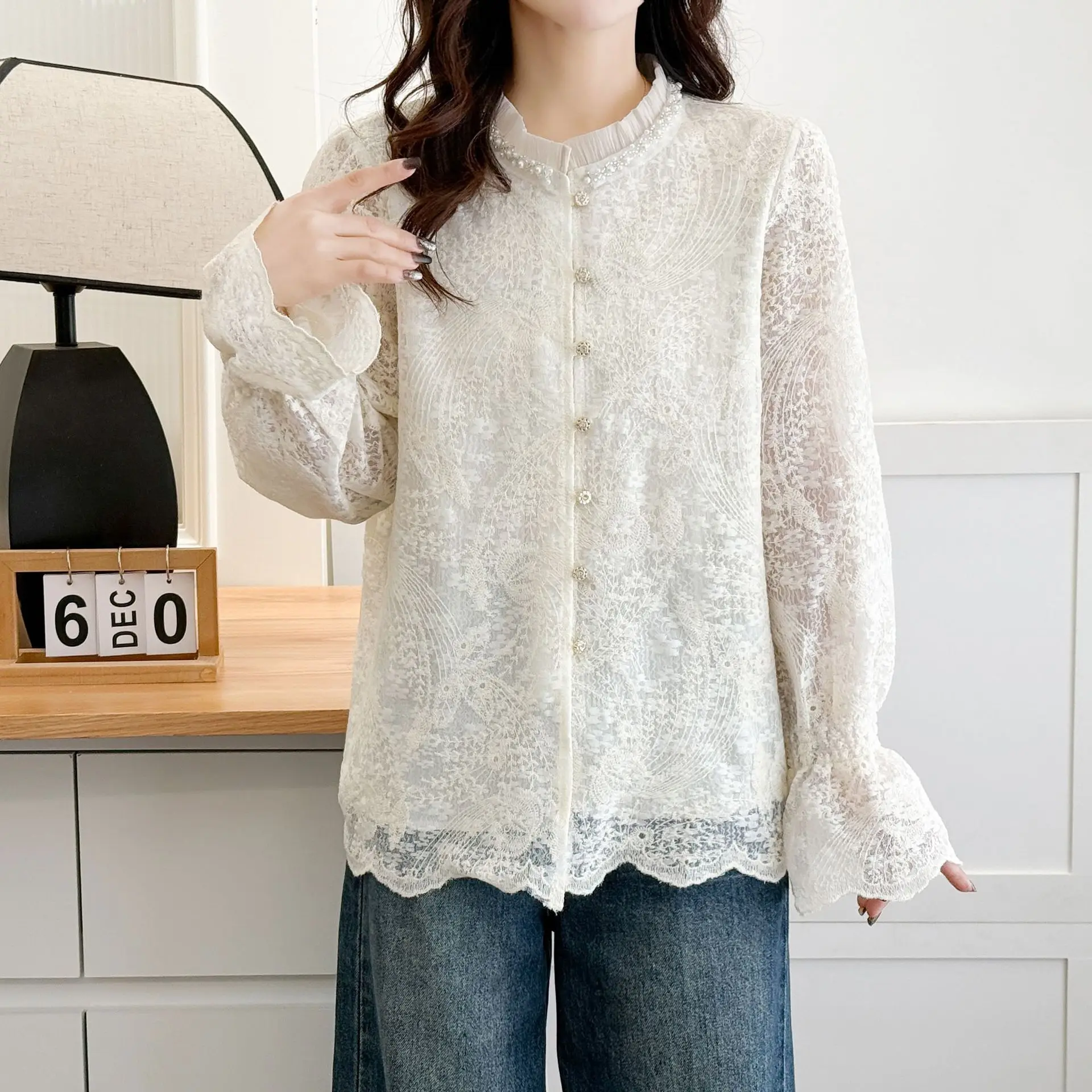 100kg Fashion Beaded Ruffles Collar Lace Long Sleeve Shirt Spring Plus Size Temperament Women Blouses 498