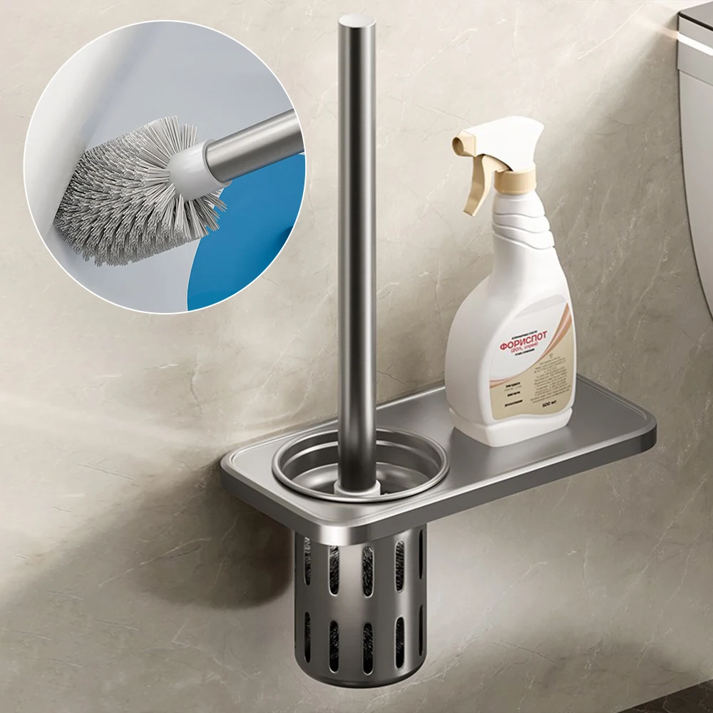

Wall Mounted Toilet Brush with Storage Shelf Aluminum Toilet Cleaning Brush for Corner Cleaning Tools Bathroom Accessories