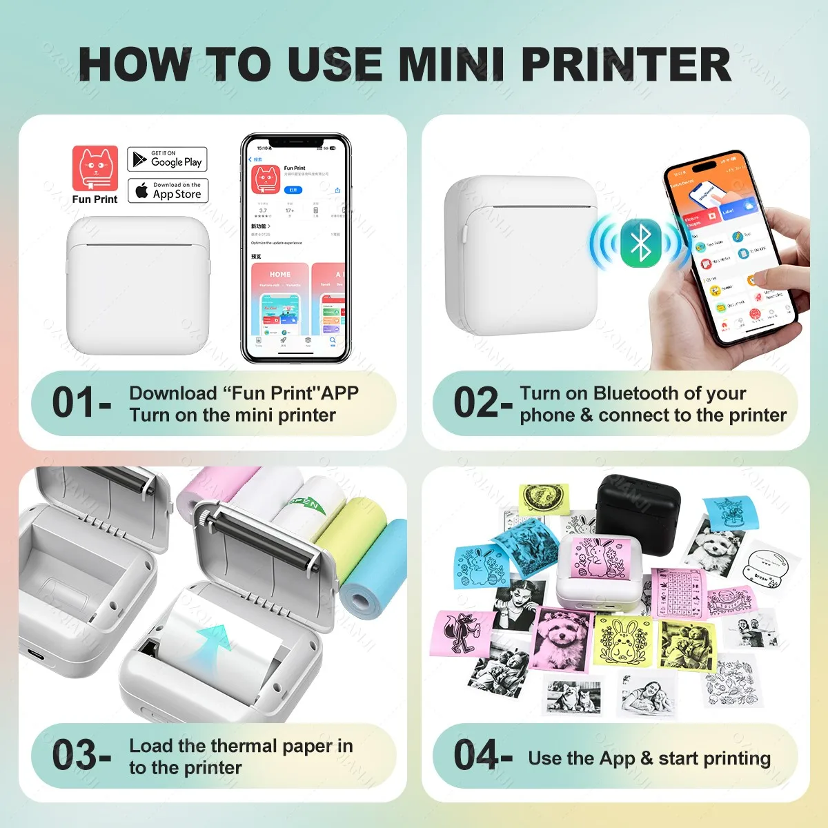 58MM Pocket Photo Printer Wireless Bluetooth 57x25mm Thermal Paper Inkless Printing Portable for Android iOS