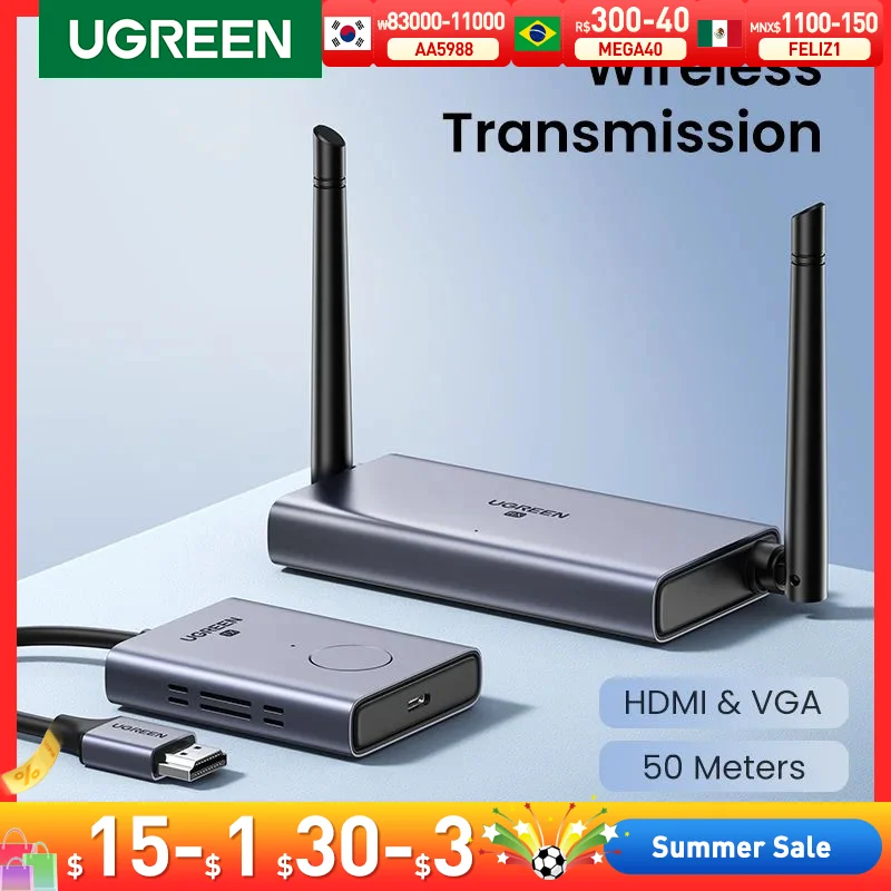 

Беспроводной HDMI удлинитель UGREEN, комплект видеопередатчика и приемника, диагональ 50 м, передача адаптера дисплея для ТВ, ПК, монитора PS5/4