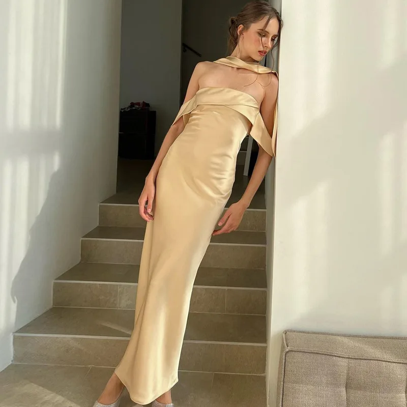 Elegante vestido largo sin espalda para mujer, ajustado, a la moda, con hombros descubiertos, vestido de fiesta de noche con cremallera, vestido de fiesta liso 2025
