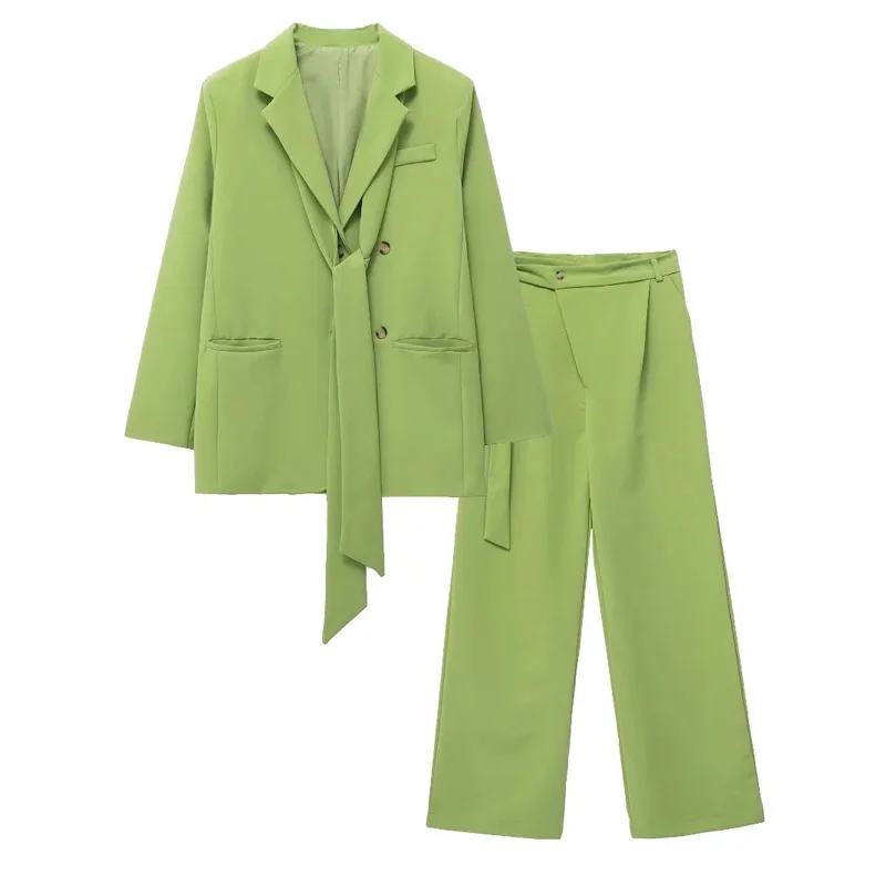 green pant suit TRAF  Women Blazers Set 2022 New Women's Office Suit Coat Vintage Long Sleeve Jacket Casual Female Tops And High Waist Pants plus size pant suits for weddings