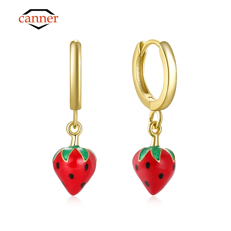 

CANNER Summer 925 Sterling Silver Strawberry Fruit Pendant Enamel Hoop Earrings for Women Pierced Huggie Brincos Jewelry Gift