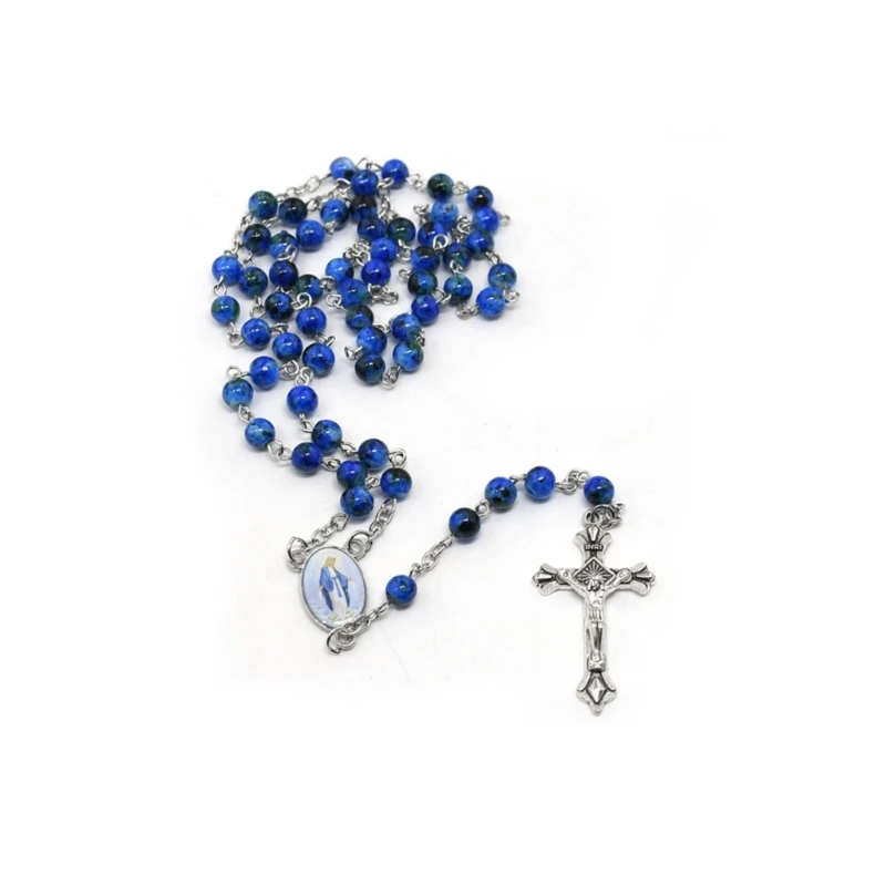 Catholic Rosary Necklace Glass Beads Crucifix Pendant for Women Girl Baptism Gift