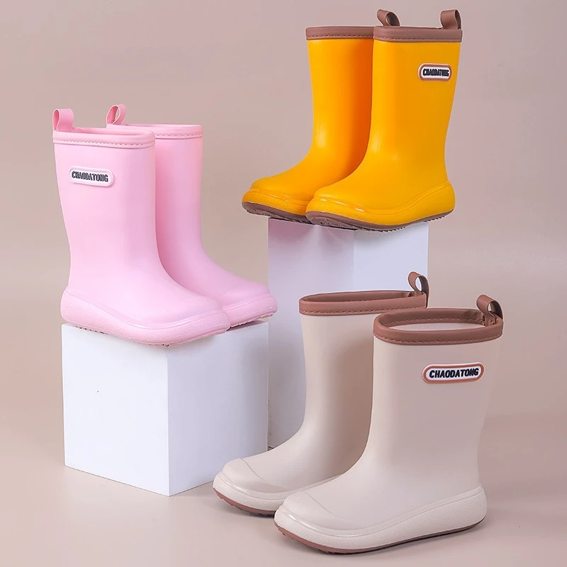 New Children's Four Seasons High Top Rain Shoes Boys And Girls Soft Bottom Non Slip Slip-On Detachable Cotton Cover Water Shoe
