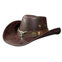 Women Men Faux Leather Western Cowboy Hats Cow Head Decorate Vintage Rider Panama Cowgirl Jazz Cap Sombrero Hombre 4