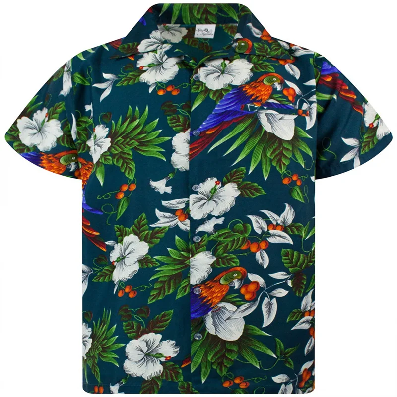 thumbnail image 1 of Camisas para hombre con estampado 3D de loros tropicales lindos, ropa de calle hawaiana de gran tamaño para playa, ropa de hombre con solapa y botón, 1 of 5