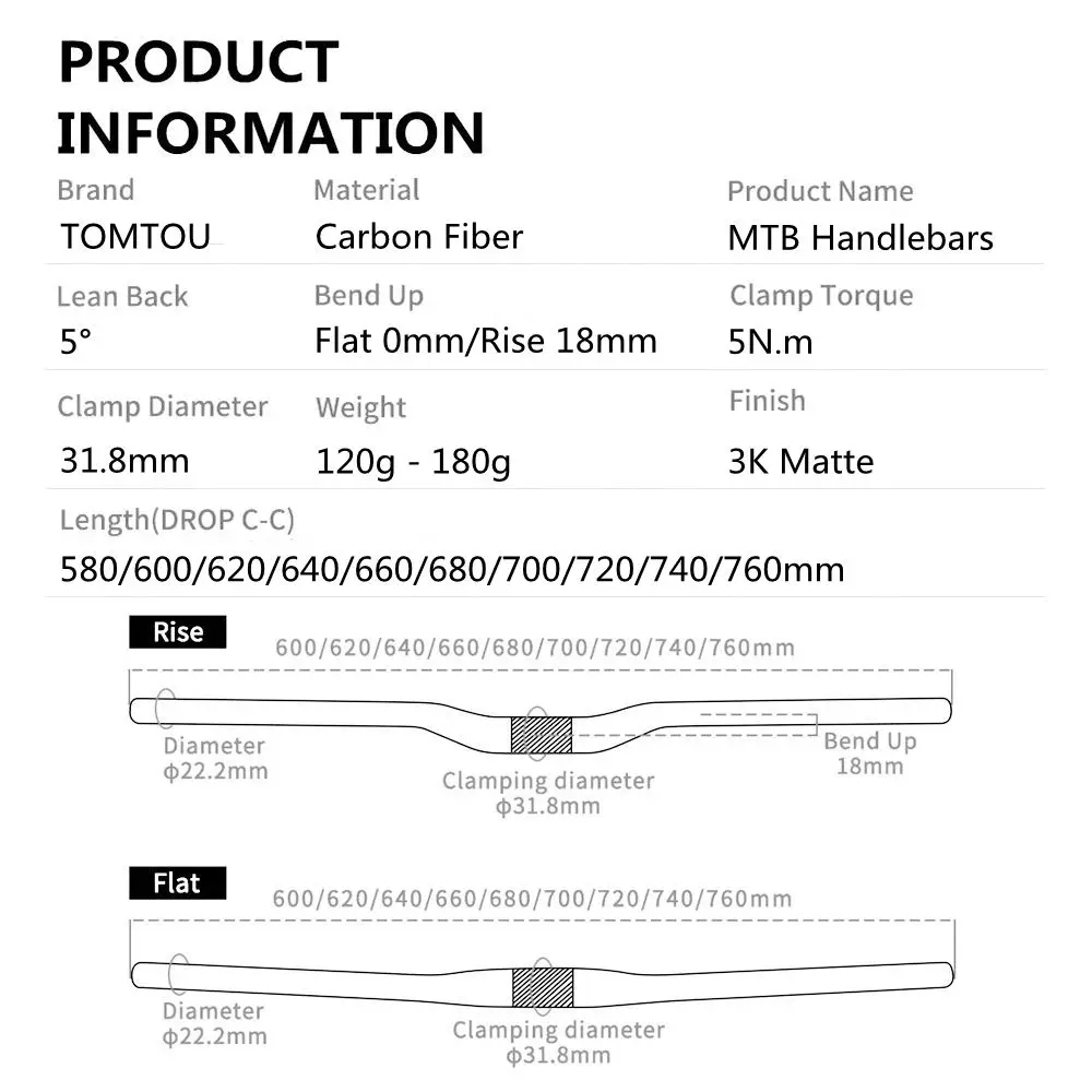 TOMTOU 3K Matt Carbon Fiber Handlebar MTB Bike Parts Rise or Flat Handlebars 580/600/620/640/660/680/700/720/740/760mm, bicycle handlebar grips,bike handlebar tape,bicycle accessories,bicycle handlebar