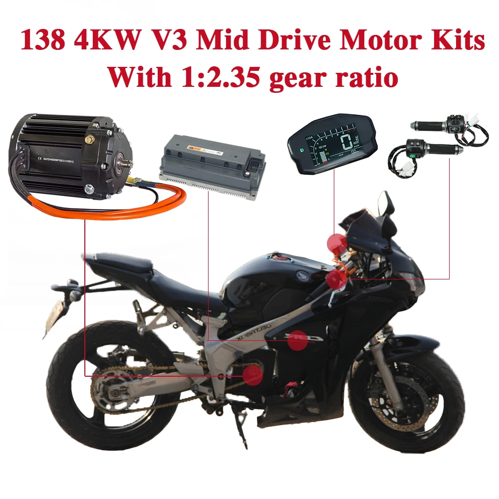 New QSMOTOR QS138 90H V3 with 1:2.35 gear box Rated 4KW 7200rpm Mid Drive Motor Kits with EM200-2SP Controller for E-Motorcycle