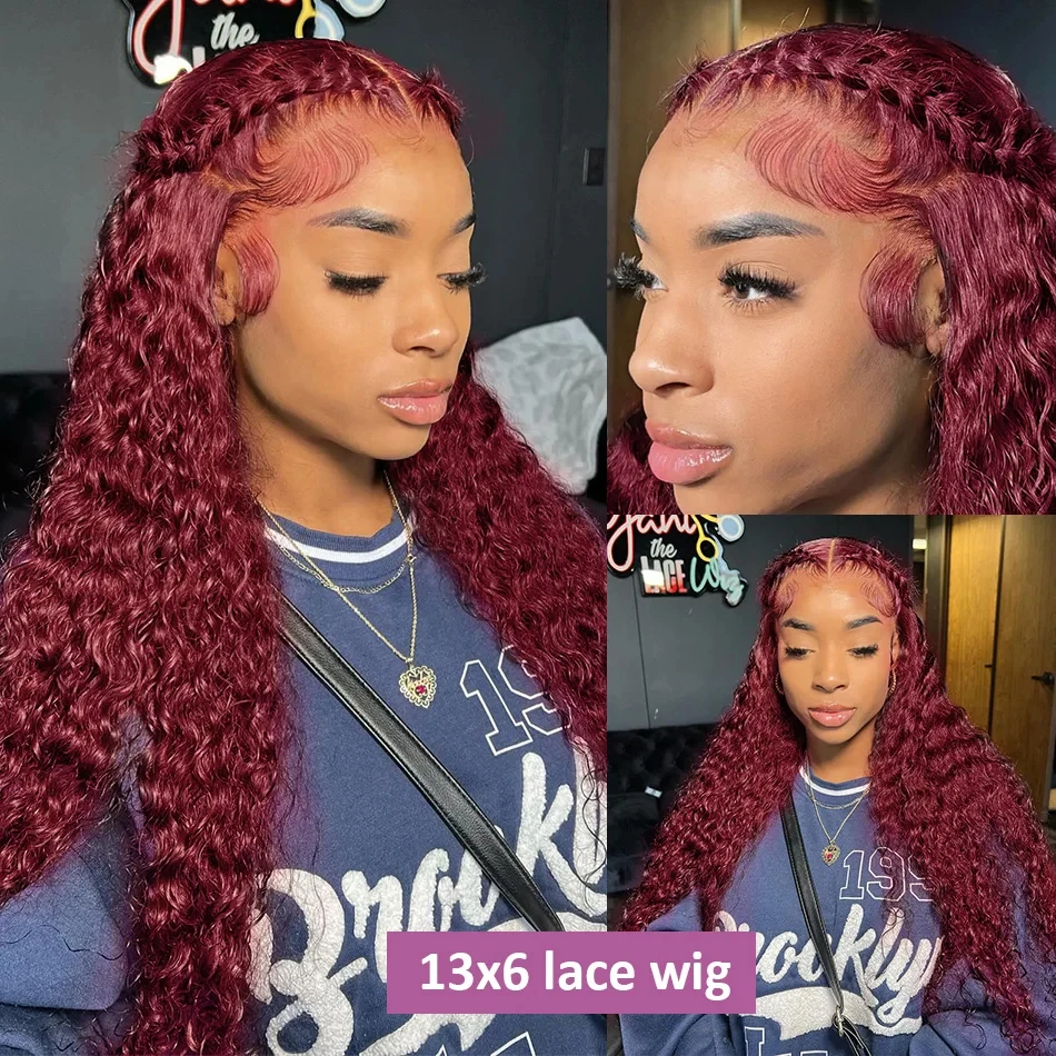 99J Burgandy Curly Lace Frontal Human Hair Wigs 13x6 HD Lace Front Wig Transparent 13x4 Deep Wave Human Hair Wigs