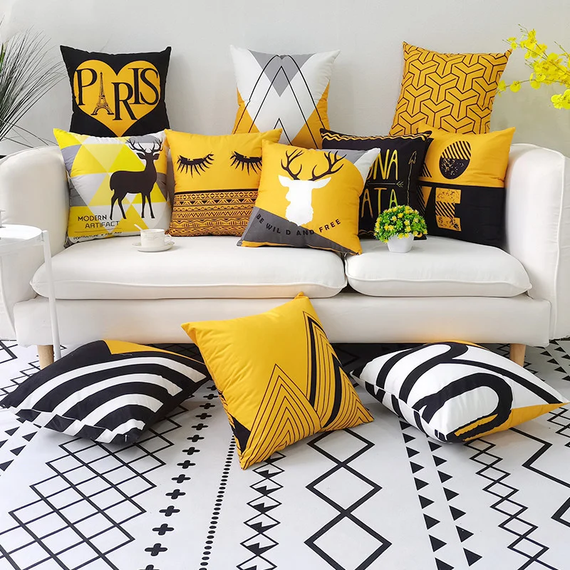 

45x45cm Yellow Geometric Pillowcase Custom Patchwork Polyester Cushion Cover Black Alphabet Letter Sofa Waist Throw Pillow Case