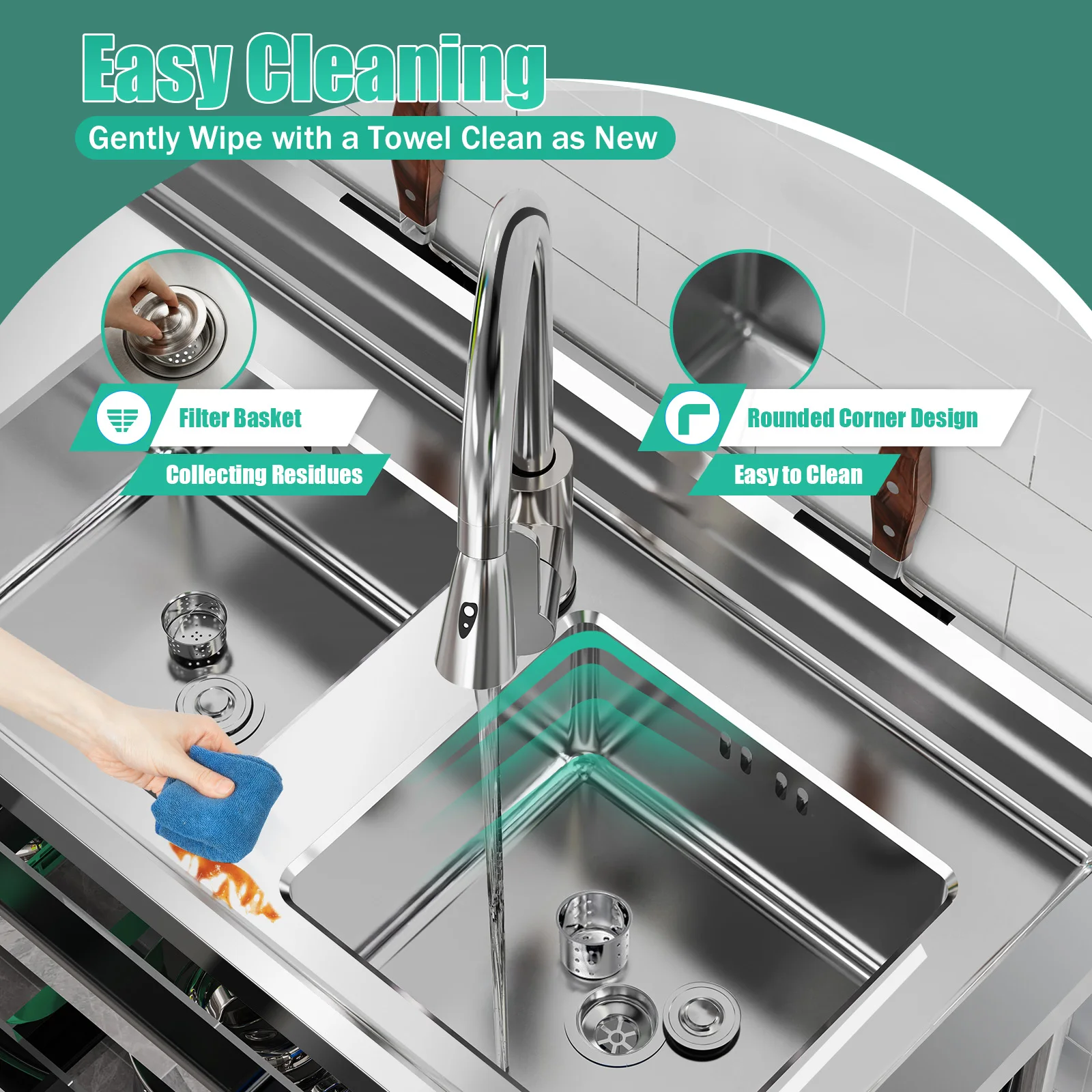 47.2*17.7*31.9 Inch Stainless Steel Kitchen Double Sink with Drawable Hot Cold Water Faucet Separate Sinks with Storage Rack 5