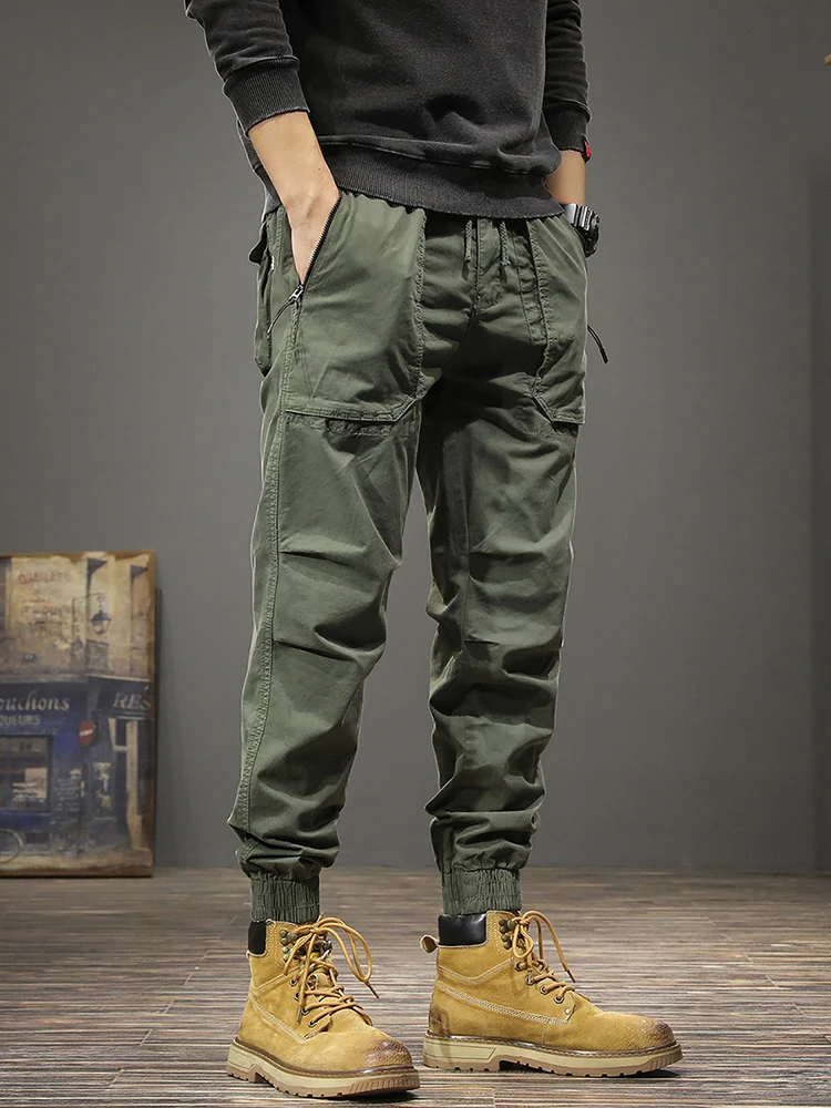Casual Elastic Waist Pencil Pants Men Streetwear Green Cotton Stretch Slim Fit Drawstring Jogging Trousers