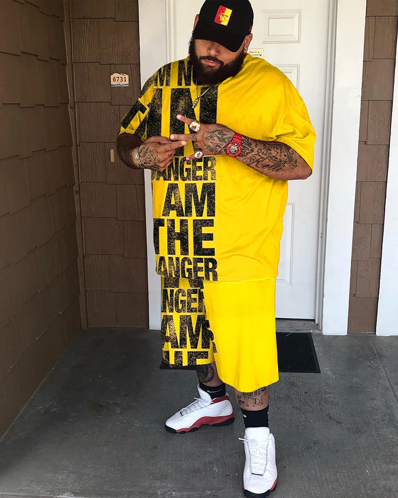 Biggmans L-9XL For Men's T-Shirt Set Clothing Tiger Yellow Casual Short Sleeve Shorts 3D Big and Tall Plus Size Suit