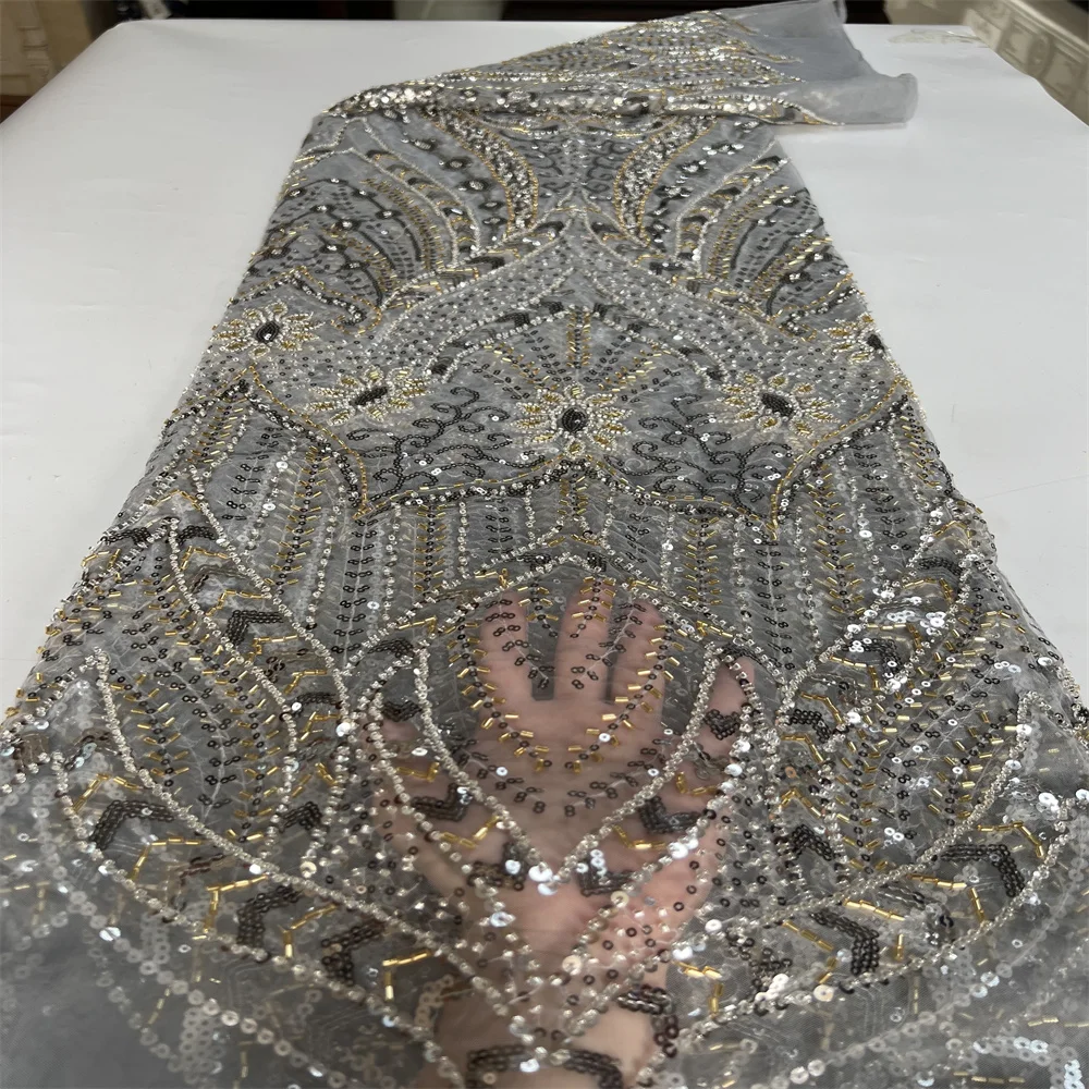 

New 2023 High Quality African Lace Fabric Sequins Mesh Lace France Luxury Beaded Embroidered Tulle Lace Fabric For Sewing FJ2508