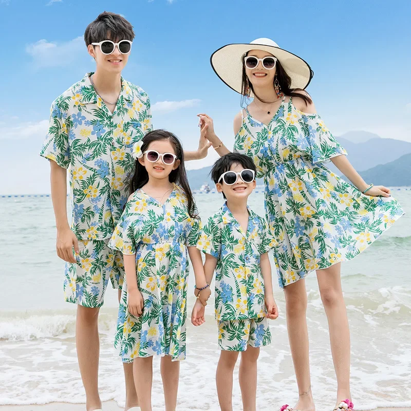 Familie passende Outfits Sommer Strand Mutter Tochter Blumen kleider Papa Sohn T-Shirt Shorts Urlaub Paar Kleidung Set am Meer