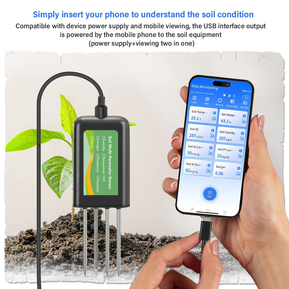 Soil Multi-Parameter Sensor RS485 8-in-1 pH EC Moisture Temperature Salinity NPK