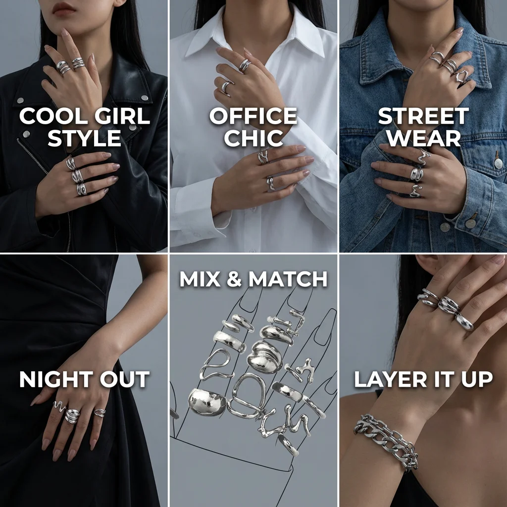 15-teiliges Y2K Flüssigmetall Unregelmäßige Ringe Set für Frauen Silberfarben Punk Grunge Goth Geometrische Offene Ringe Kit Party Schmuck Geschenk – Detail 2
