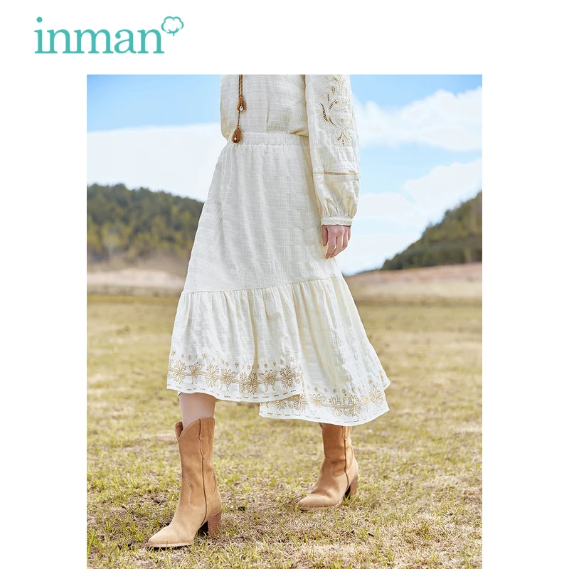 INMAN Women Skirt 2023 Autumn Elastic High Waist A-shaped Loose Irregular Pleated Design Embroidery Literature Holiday Skirt