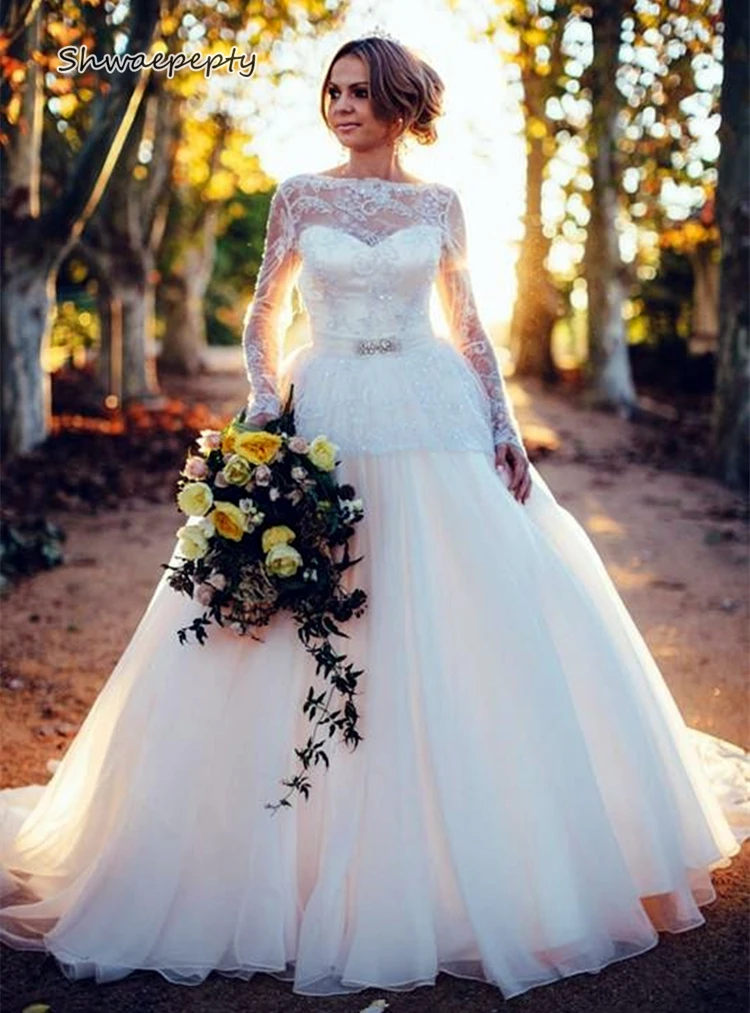 

Lace Long Sleeves Wedding Dresses Backless Spring Summer Country Bridal Gowns Tulle A-Line Boho Robe De Mariee Bow Back